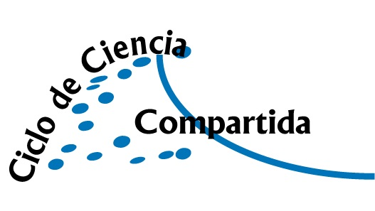 Logotipo con las palabras Ciclo de Ciencia en una línea curva ascendente, y la palabra Compartida en horizontal. Una línea curva y puntos azules dan apariencia de una cresta de ola