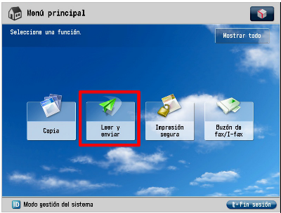 Vista de una pantalla de un dispositivo con un menú principal con 4 iconos relativos a 4 funciones. Un rectángulo rojo sobrepuesto rodea el segundo de estos iconos, compuesto por un avión de papel, para ubicar la función de "Leer y enviar".