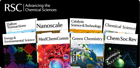 Vista de las cubiertas de 8 revistas de RSC, con títulos como Dalton Transactions, Nanoscale, Chem Soc Rev...