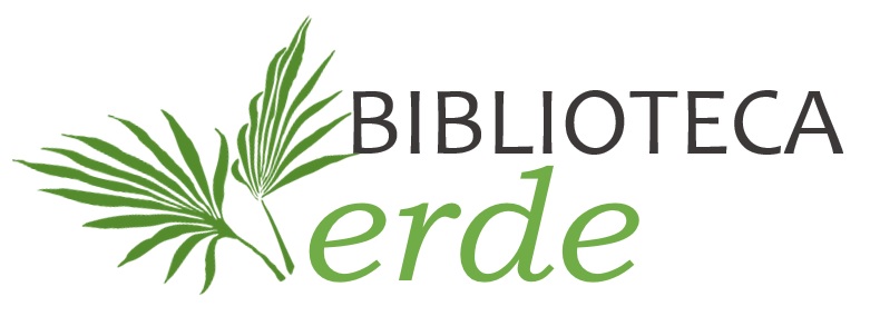 Logotipo de Biblioteca Verde, donde la uve se forma con dos hojas.