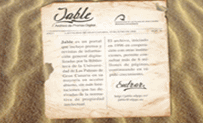 Vista de la página de presentació del portal Jable con un texto introductorio sobre un fondo de arena