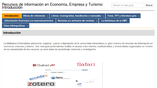 Vista parcial de la página de inicio de la biblioguía Recursos de información en Economía, Empresa y Turismo