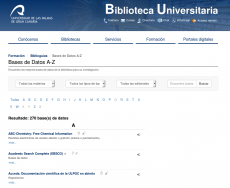 Vista de la página A de la Lista AZ de recursos electrónicos en el portal Biblioguías, con la cabecera institucional de la Biblioteca Universitaria.