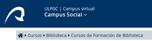 Detalle de la cabecera del portal del Campus virtual, donde una línea de ruta indica la ubicación en "Cursos / Biblioteca / Cursos de Formación de Biblioteca"