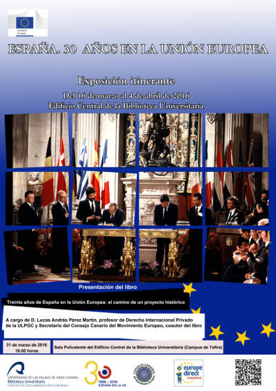 Cartel con fondo azul con fotografía del acto de firma del ingreso de España en la Unión Europea.