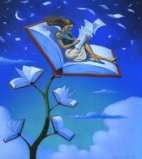 Vista de la ilustración del cartel, con una planta cuyas hojas son libros abiertos, y que en el libro que la corona tiene una mujer que escribe en páginas sueltas que, volando, van cubriendo e iluminando el cielo nocturno
