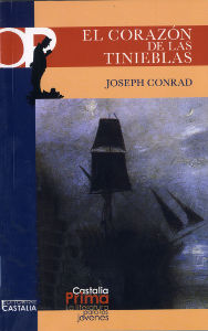 Portada del libro "El corazón de las tinieblas" de Joseph Conrad, con la silueta de un barco velero en un paisaje tenebroso