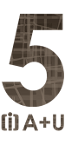 Logo conformado por un número cinco grande sobre el texto "[i] A+U". Los caracteres están rellenos con una imagen de estructuras en todos marrones.