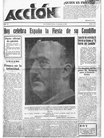 Portada del periódico Acción con titular "Hoy celebra España la Fiesta de su Caudillo" y foto grande central de Francisco Franco."