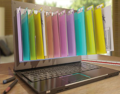Vita de carpetas multicolores saliendo de la pantalla de un ordenador portátil