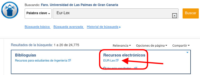 Vista de la página de resultados de Faro, donde se señala con una flecha el enlace Eur-lex bajo el epígrafe Recursos e
