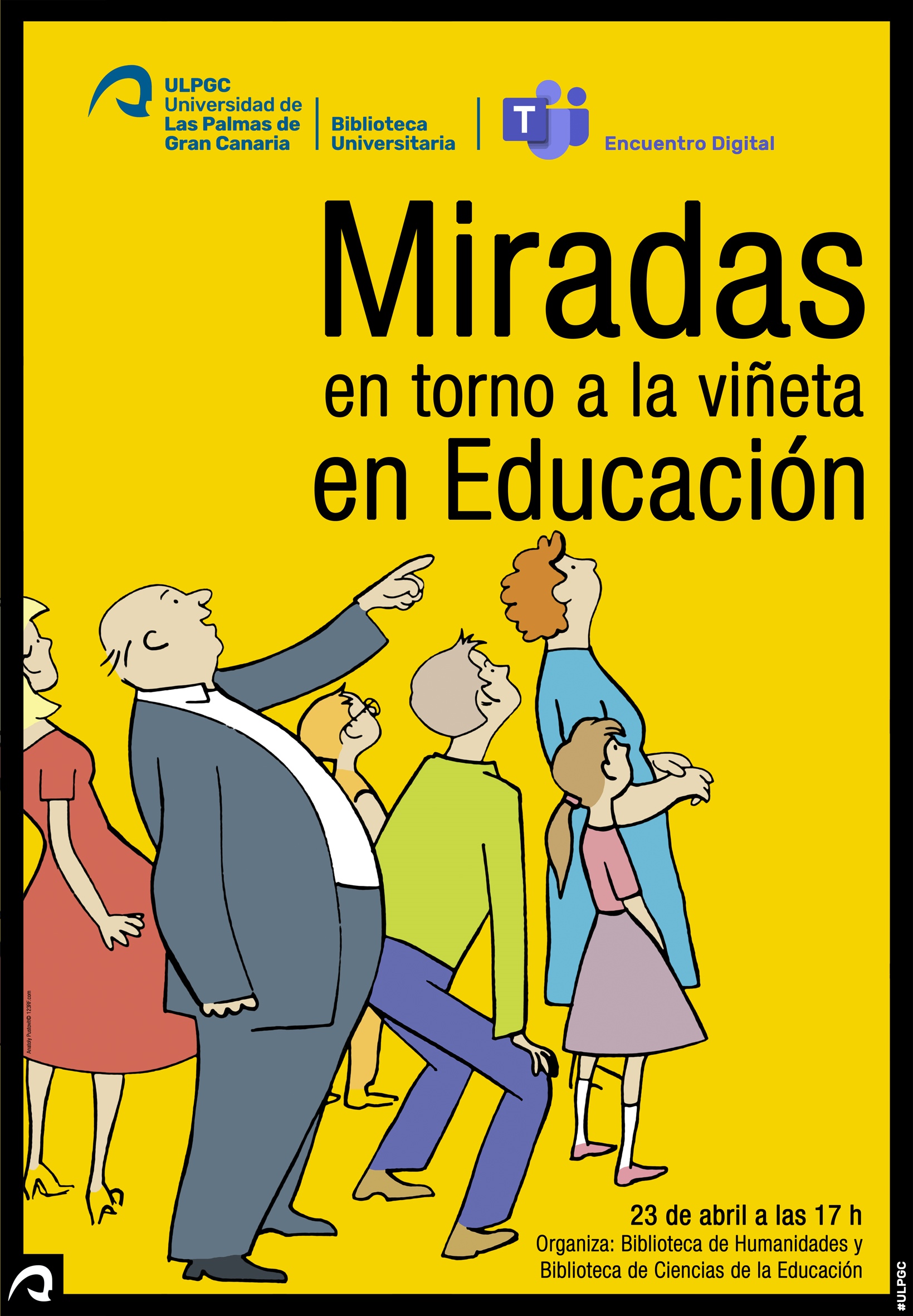 Cartel con un dibujo de un grupo de personas que dirigen su mirada hacia arriba y texto "Encuentro digital: Miradas en torno a la viñeta en Educación"