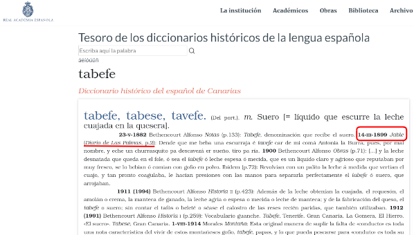 Vista de la entrada "tabefe" en el Tesoro de los diccionarios históricos de la Lengua Española, y, señalada en rojo, Jable como fuente.