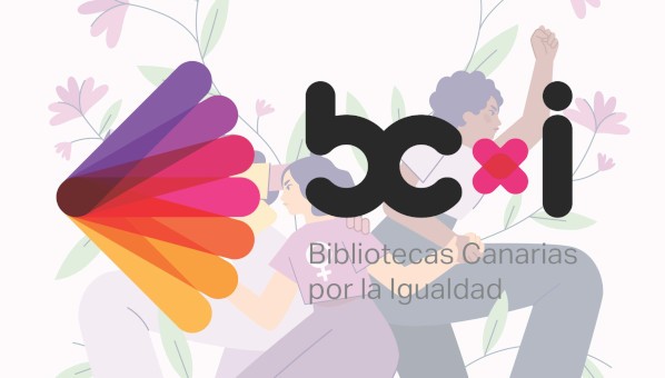 Logo de Bibliotecas canarias por la igualdad, con líneas gruesas multicolores en abanico, formando un libro estilizado