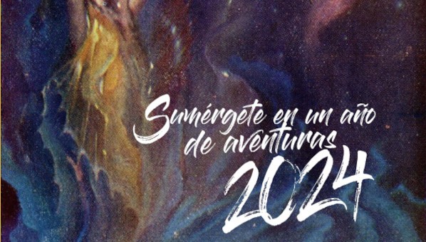 Texto "Sumérgete en un año de aventuras. 2024" superpuesto a un paisaje estelar