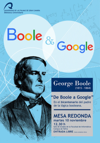 Ilustración del autor con título Boole & Google usando los colores de Google
