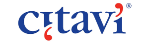Logo de Citavi, con las letras de esta palabra en azul y donde las íes tienen, en vez de un punto, una comilla en rojo.