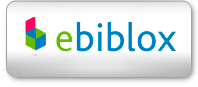 Logotipo de ebiblox con esta palabra en color azul excepto la e, de color verde. Se acompaña de una imagen que sugiere una caja con la tapa abierta.