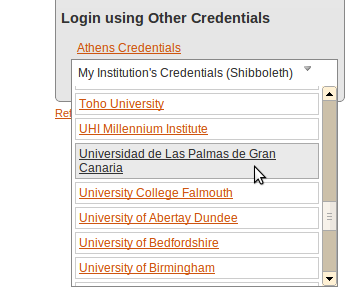 Vista del menú desplegable "My Institution's Credentials (Shibboleth)" con una sección de la lista de instituciones, entre las cuales se ve, señalada por el cursor, la "Universidad de Las Palmas de Gran Canaria"