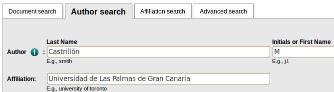 Vista del formulario de búsqueda en Scopus, con los campos "Last Name", "Initials or First Name" y "Affiliation" cumplimentados con un ejemplo