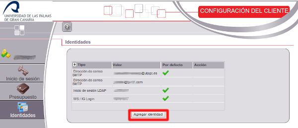 Vista de la página de identidades, donde un rectángulo rojo señala la ubicación del botón de agregar identidad en la parte inferior central.