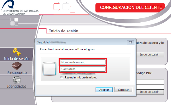 Vista de una ventana emergente del navegador para la identificación, con el mensaje "Conectándose a bibimpresion01.sic.ulpgc.es", donde dos recuadros rojos señalan las casillas "Nombre de usuario" y "Contraseña"