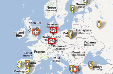 Vista de una sección europea del mapamundi con diversos marcadores de autor