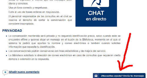 Una flecha roja señala en la parte inferior derecha de la pantalla el botón del chat.