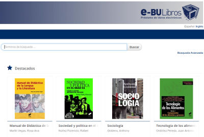 Sección de la cabecera del portal e-BUlibros con las cubiertas de 4 libros destacados.