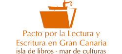 Logo compuesto por el icono de un libro abierto sobre el que navega una barca sobre la que una persona levanta un farol, y el texto Pacto por la Lectura y Escritura en Gran Canaria. Isla de libros. Mar de culturas