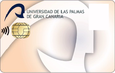 Vista frontal de una tarjeta con el logotipo de la ULPGC, chip y símbolo de tarjeta sin contacto.