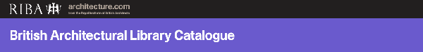 Imagen de la cabecera del portal web, con el título en blanco sobre lila "British Architectural Library Catalogue", precedido del logo en blanco sobre una tira negra: "RIBA architecture.com""
