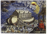 Ilustración coloreada de un arca de Noé con infinidad de animales subiendo a la misma; Dios en un cielo tormentoso y Noé contemplando de espalda la escena