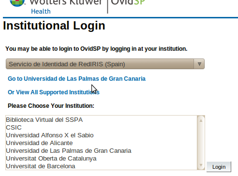 Vista de una página de autenticación institucional de un portal de información con el selector del proveedor de identidad "Servicio de Identidad de RedIRIS (Spain)"