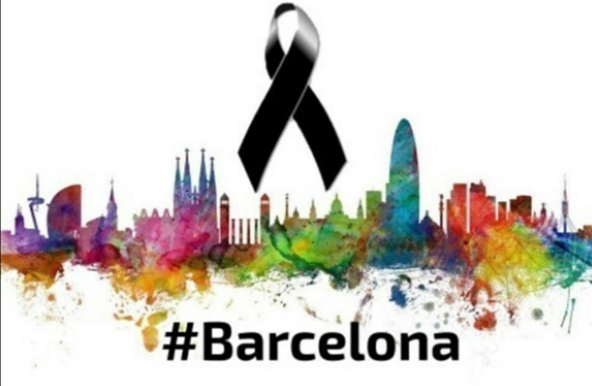 Lazo negro de luto junto al perfil de la ciudad de Barcelona conformado por edificios emblemáticos. Bajo la imagen la etiqueta #Barcelona