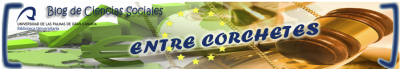 Vista de la cabecera del blog Entre corchetes con un mazo de tribunal, el escudo de europa, gráficas, mapas y el símbolo de euro