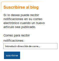 Vista del formulario "Suscribirse al blog" que incluye un texto, un cajetín para introducir la cuenta de correo y un botón con el texto "suscribirse".