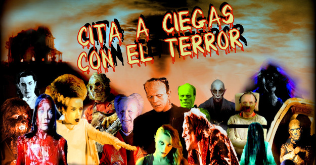 Sección del cartel "Cita a ciegas con el terror" compuesto con numerosos personajes de cine de terror