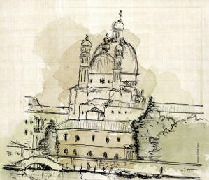 Sección del cartel del concurso con dibujo al carboncillo de paisaje veneciano con la Basílica de San Marcos