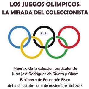 Vista de la sección central del cartel de la exposición, con fondo blanco, título en negro y el logotipo de los 5 aros entrelazados de colores variados que conforman el símbolo de las Olimpiadas