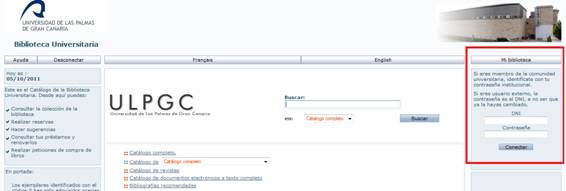 Vista de la página de inicio del Catálogo en línea de la Biblioteca, con el área de identificación en "Mi Biblioteca" remarcada