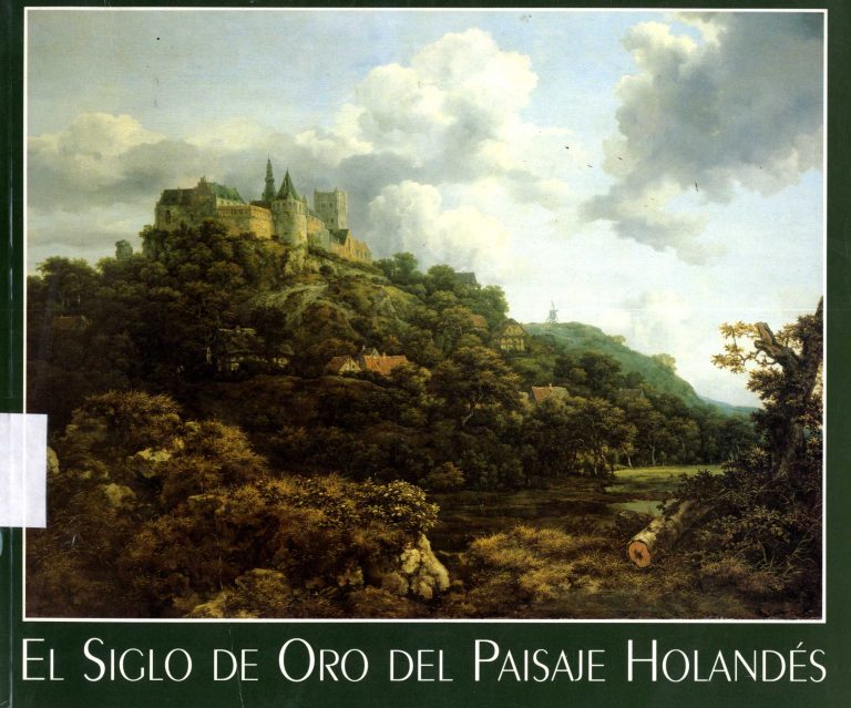 Vista de la cubierta de un libro de arte con una pintura de paisaje y el título "El siglo de oro del paisaje holandés".