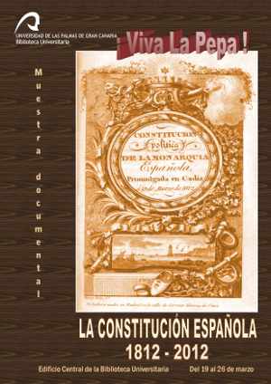 Vista del cartel de la muestra, con la portada de la Constitución