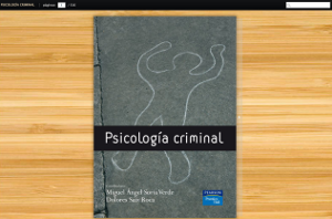 Vista del visor, con un libro titulado Psicología criminal sobre un fondo de apariencia de madera clara, y una barra superior de herramientas