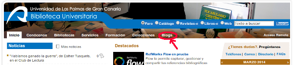 Ubicación del enlace al menú Blogs en el portal web de la Biblioteca Universitaria. Una flecha y un círculo rojos señalan el enlace del menú superior situado más a la derecha.