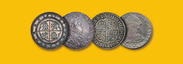 Sobre fondo amarillo 4 monedas hispanas antiguas ligeramente superpuestas de derecha a izquierda. Dos muestran el anverso y otras dos el reverso, y fechas de 1617, 1654, 1761 y 1791