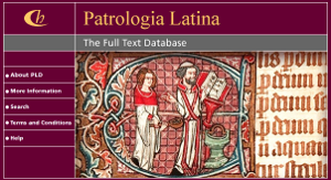 Vista de la página de inicio del sitio web Patrología Latina, con una iluminación de un texto medieval