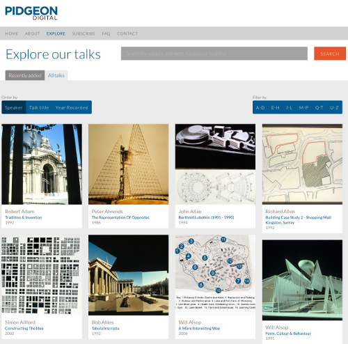 Vista del portal Pidgeon Digital, en la sección Explore / All talks, que muestra viñetas con planos y fotos de arquitectura.