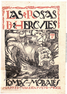 Vista de la portada del Libro II de las Rosas de Hércules, con una ilustración de barcos de vela