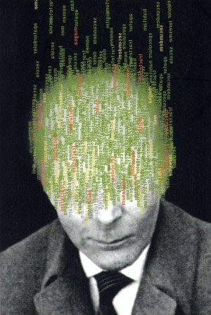 Detalle de la ilustración de la cubierta del libro "Todos lo nombres" con busto de hombre con mitad superior del rostro cubierto con palabras en vertical